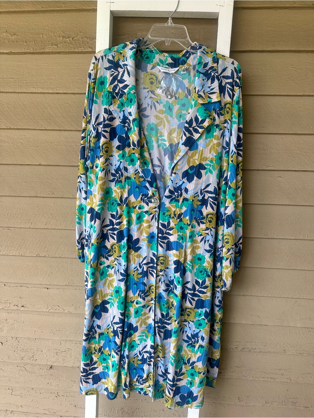 Susan Graver Floral Open-Front Cardigan in Blue, Teal & Yellow-Green